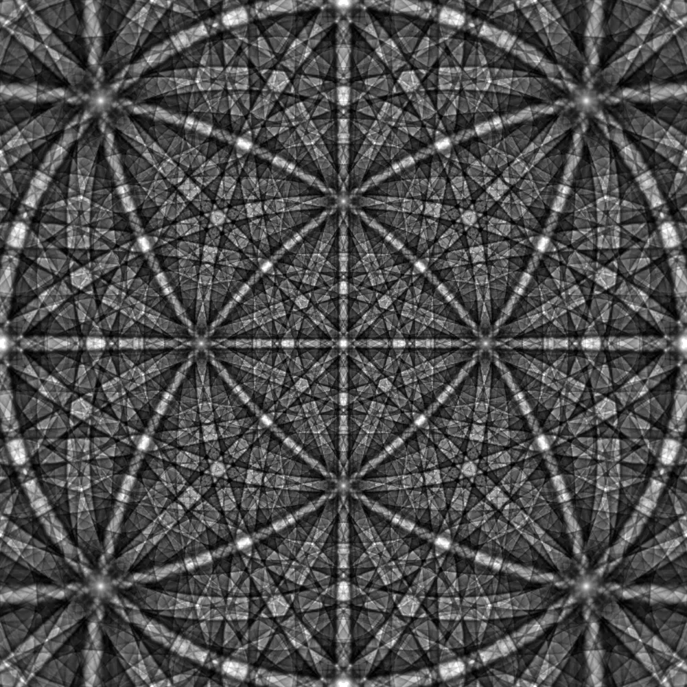 Simulated EBSD master pattern with intersecting Kikuchi bands