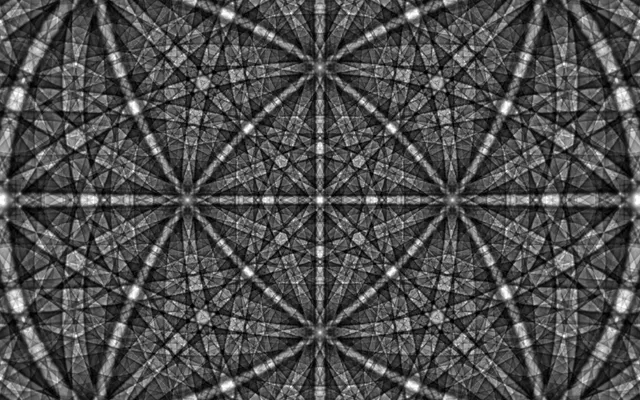 Simulated EBSD master pattern with intersecting Kikuchi bands