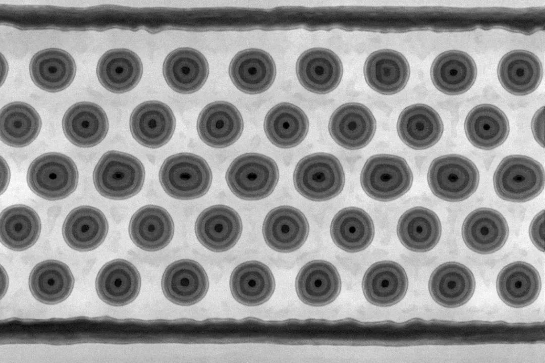 Top-down electron microscope image of a grid of 3D NAND memory channels