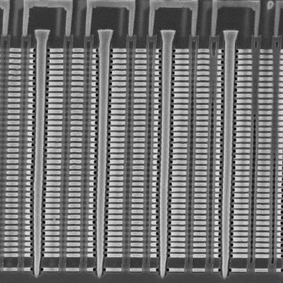 Electron microscope cross-section of a 3D NAND memory structure